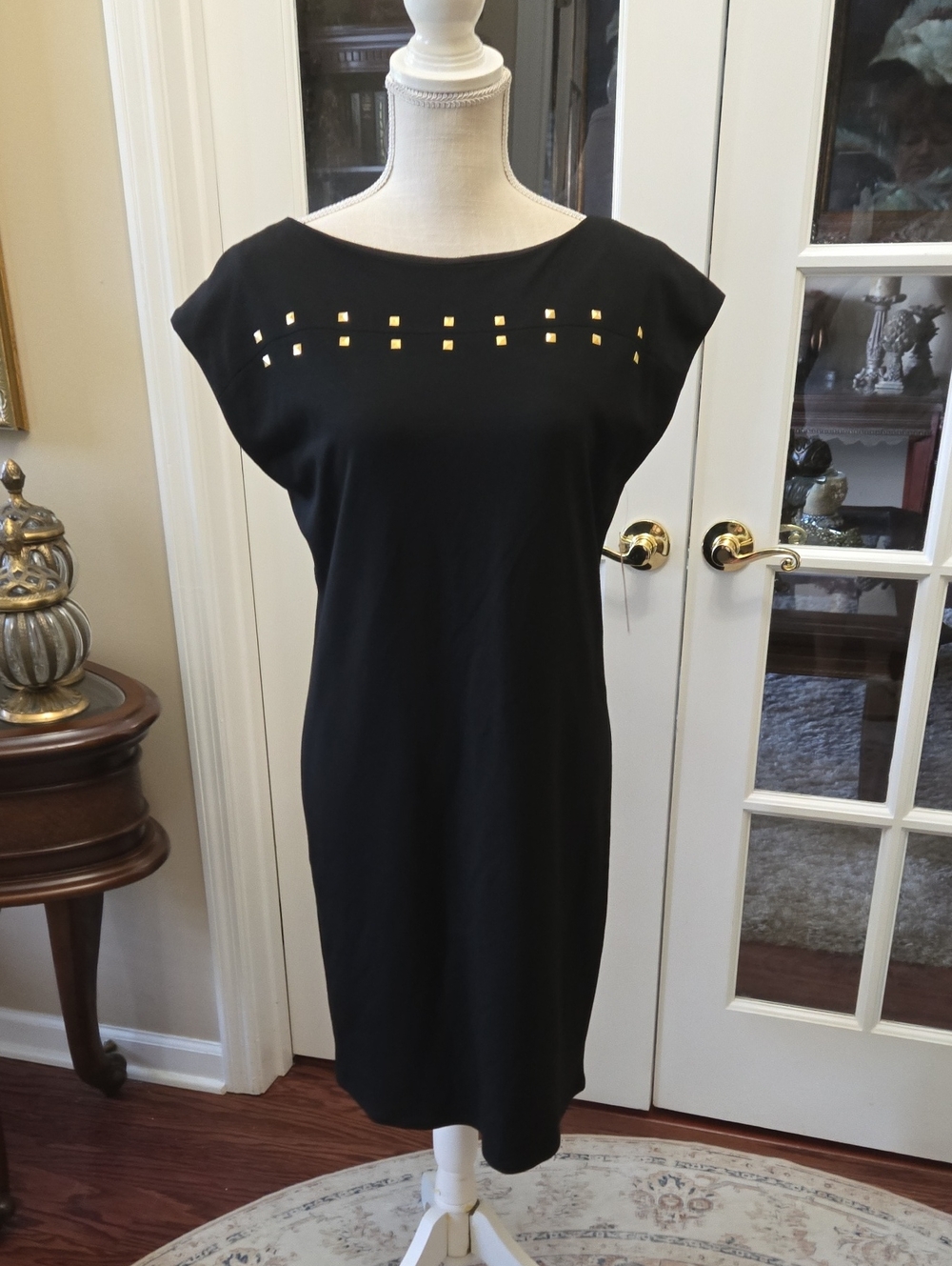 Isaac Mizrahi Black Midi Dress Gold Square Studs Sleeveless Stretch Lined 10 NEW